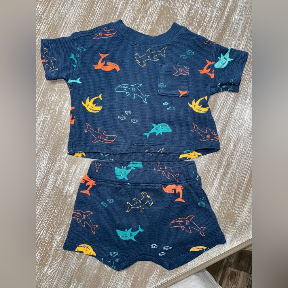 Old Navy 0-3m Shark Print Matching Set - Navy and Multicolor